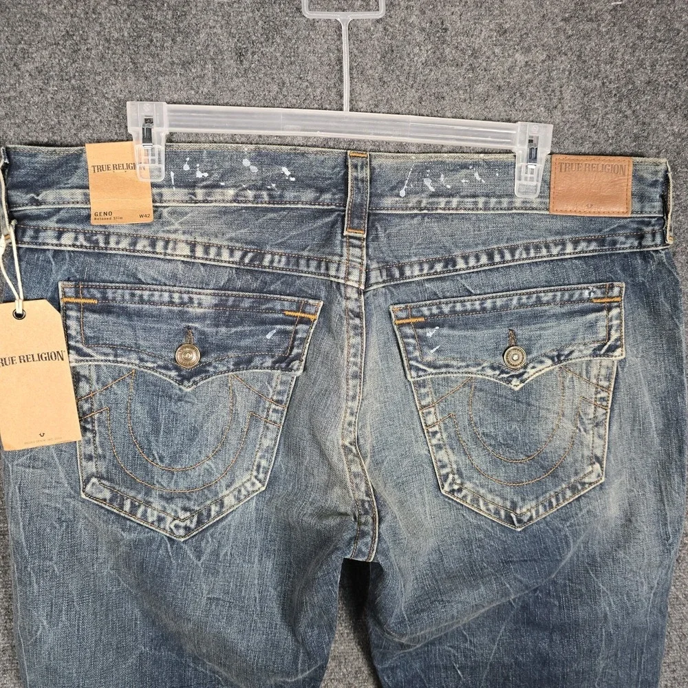 True Religion Jeans Mens 42 Geno Flaps Blue Distressed Relaxed Slim Concrete NEW